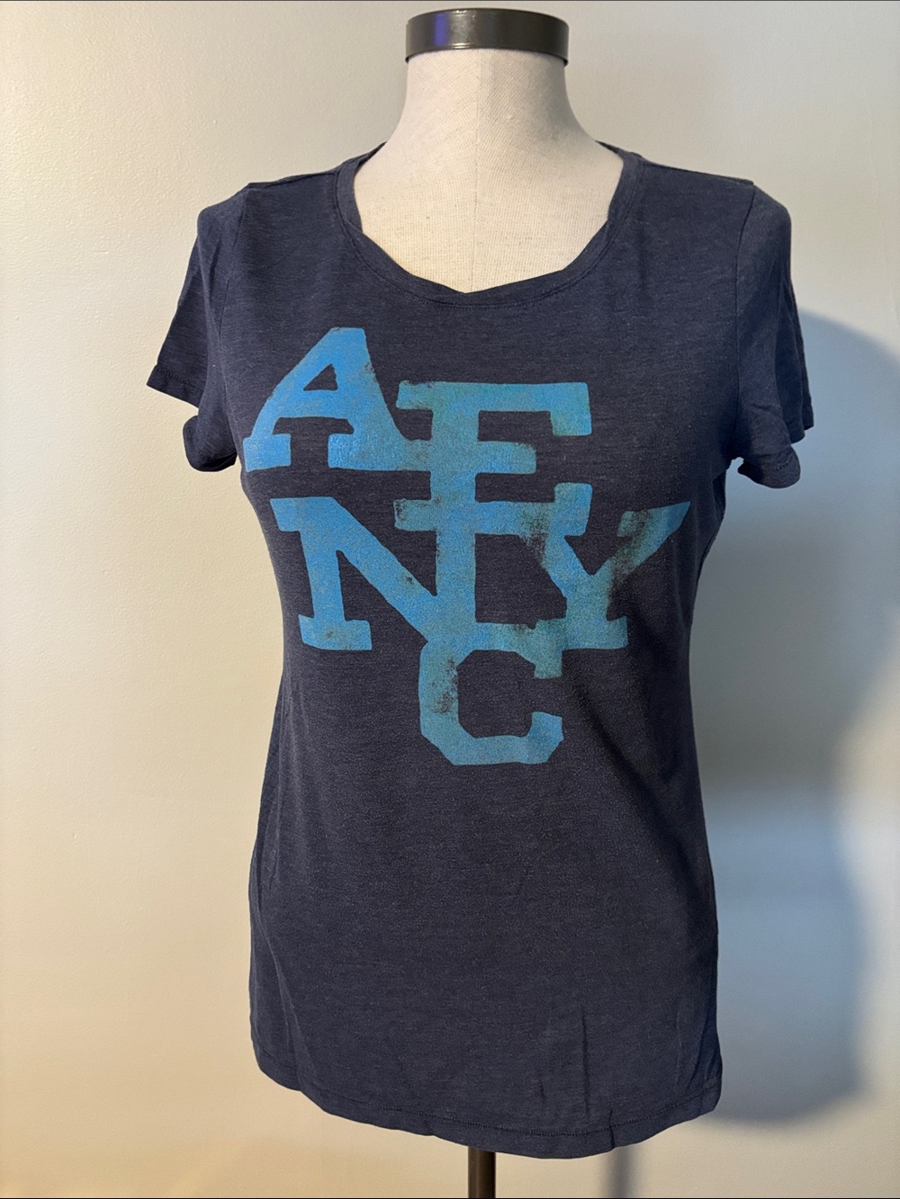 American Eagle Outfitters Navy T-Shirt with Light Blue AE NYC Graphic
